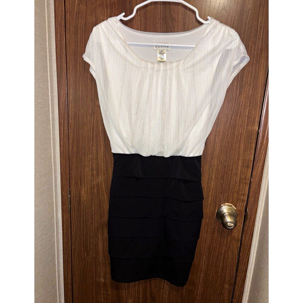 Enfocus Petite 6P Black White Layered Pleated Chiffon Lined Sheath Dress